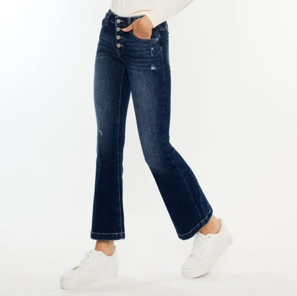 KanCan Mid-Rise Jeans Slim Fit Tapered Flare Button Fly Distressed Denim Pants