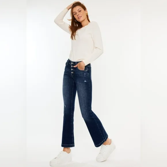 KanCan Mid-Rise Jeans Slim Fit Tapered Flare Button Fly Distressed Denim Pants