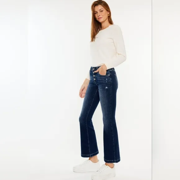 KanCan Mid-Rise Jeans Slim Fit Tapered Flare Button Fly Distressed Denim Pants