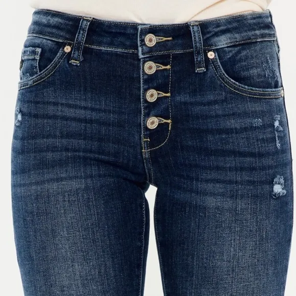 KanCan Mid-Rise Jeans Slim Fit Tapered Flare Button Fly Distressed Denim Pants