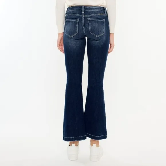 KanCan Mid-Rise Jeans Slim Fit Tapered Flare Button Fly Distressed Denim Pants