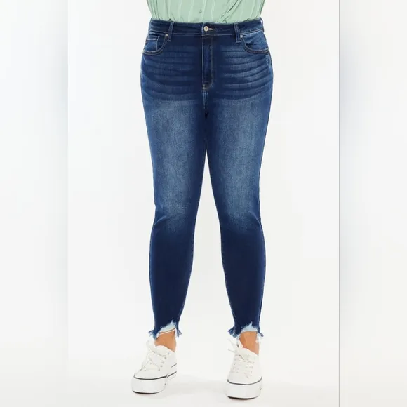 KanCan Skinny High-Rise Distressed Cut-off Ankle Hem Jeans Slim Dark Denim Pants