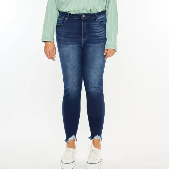 KanCan Skinny High-Rise Distressed Cut-off Ankle Hem Jeans Slim Dark Denim Pants