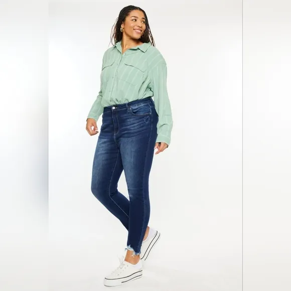 KanCan Skinny High-Rise Distressed Cut-off Ankle Hem Jeans Slim Dark Denim Pants