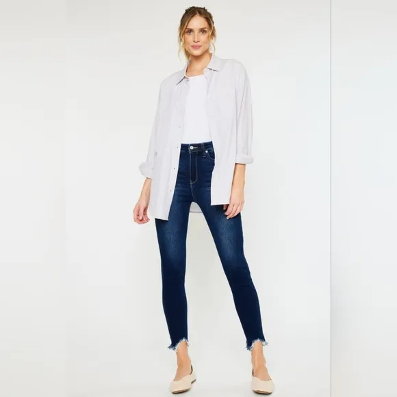 KanCan Skinny High-Rise Distressed Cut-off Ankle Hem Jeans Slim Dark Denim Pants