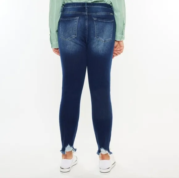 KanCan Skinny High-Rise Distressed Cut-off Ankle Hem Jeans Slim Dark Denim Pants