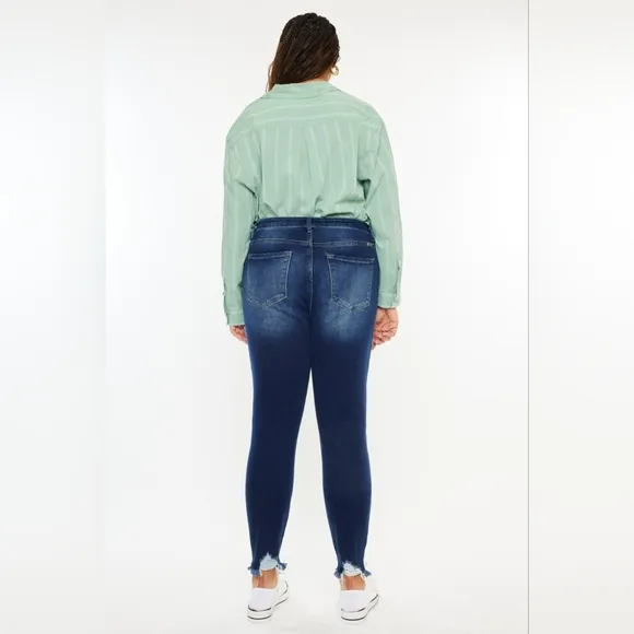 KanCan Skinny High-Rise Distressed Cut-off Ankle Hem Jeans Slim Dark Denim Pants