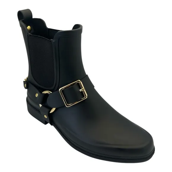 Karl Lagerfeld Paris Lavali Rubber Chelsea Rain Boots Black Ankle Gold Buckles 9