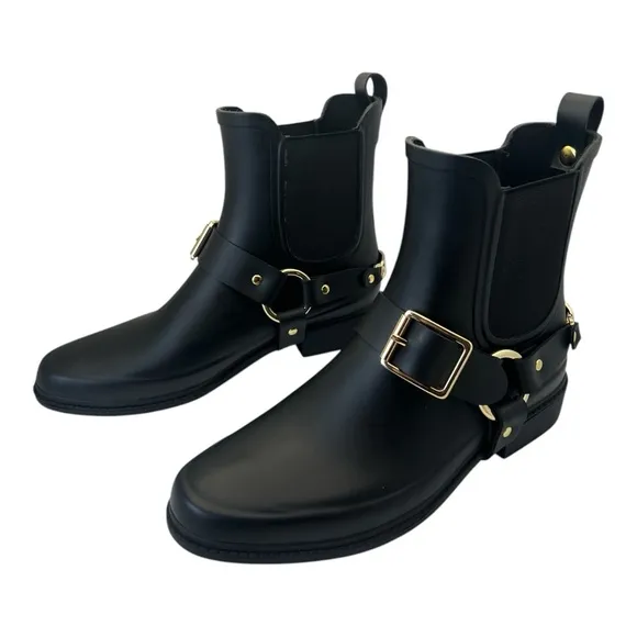 Karl Lagerfeld Paris Lavali Rubber Chelsea Rain Boots Black Ankle Gold Buckles 9