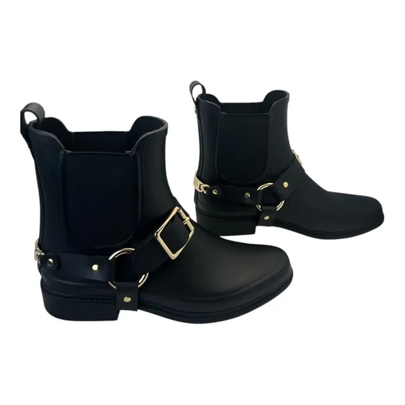 Karl Lagerfeld Paris Lavali Rubber Chelsea Rain Boots Black Ankle Gold Buckles 9