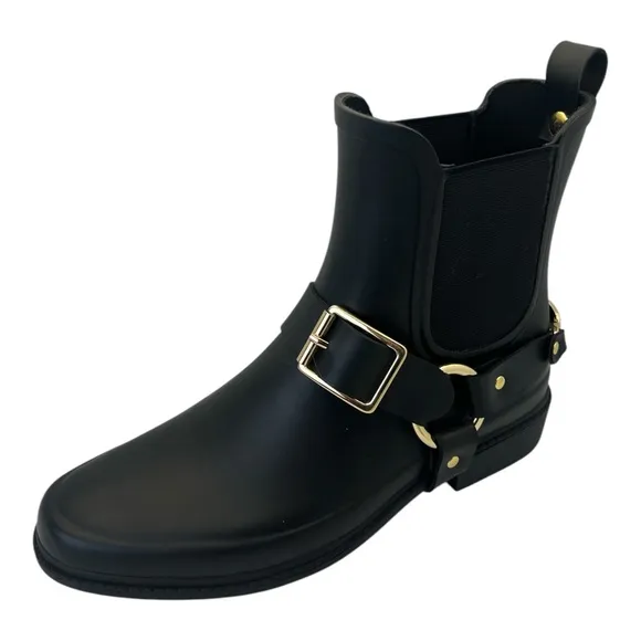 Karl Lagerfeld Paris Lavali Rubber Chelsea Rain Boots Black Ankle Gold Buckles 9