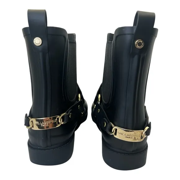 Karl Lagerfeld Paris Lavali Rubber Chelsea Rain Boots Black Ankle Gold Buckles 9