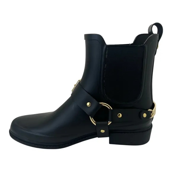 Karl Lagerfeld Paris Lavali Rubber Chelsea Rain Boots Black Ankle Gold Buckles 9
