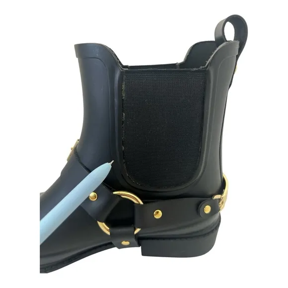 Karl Lagerfeld Paris Lavali Rubber Chelsea Rain Boots Black Ankle Gold Buckles 9