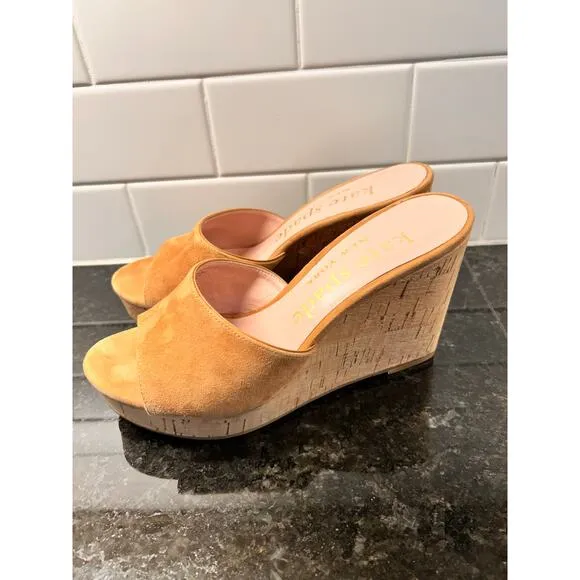 Kate Spade New York Women's Penelope Cork Slip-On Suede Wedge Sandals Tan 7.5B