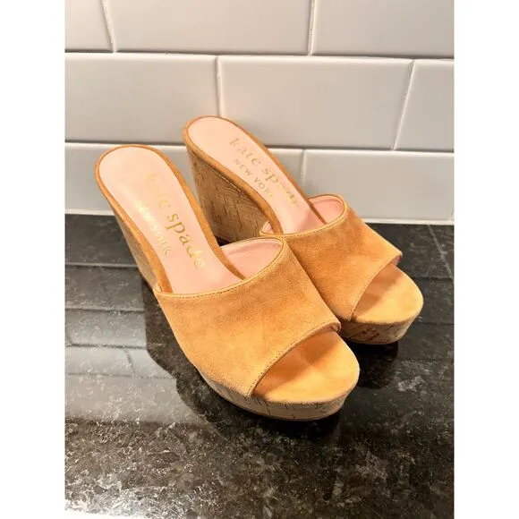 Kate Spade New York Women's Penelope Cork Slip-On Suede Wedge Sandals Tan 7.5B
