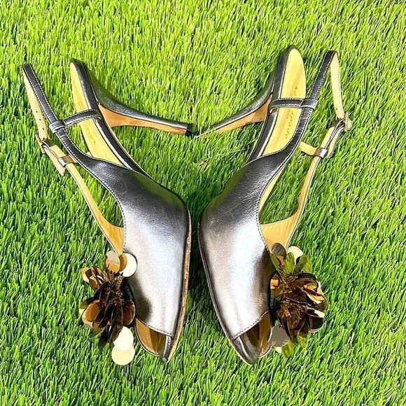 Kate Spade Flower Adorned Metallic Slingback