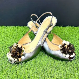 Kate Spade Flower Adorned Metallic Slingback