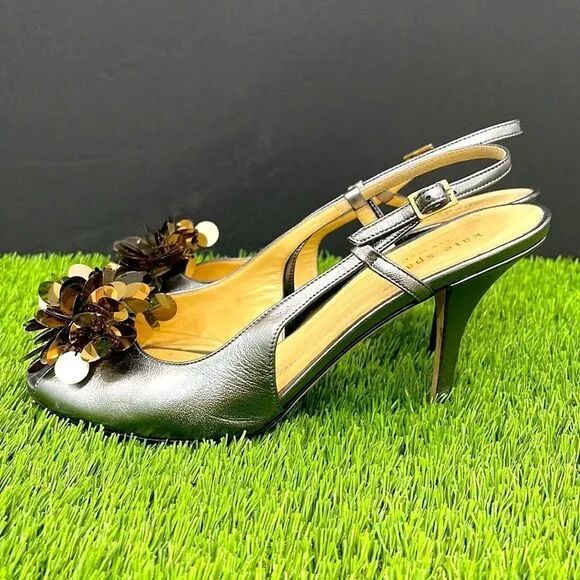 Kate Spade Flower Adorned Metallic Slingback