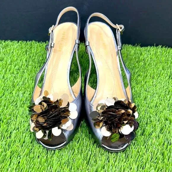 Kate Spade Flower Adorned Metallic Slingback