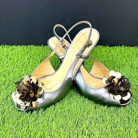 Kate Spade Flower Adorned Metallic Slingback