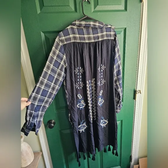 Kyla Seo x Anthropologie Embroidered Aria Shirt Dress Plaid Fringe Duster