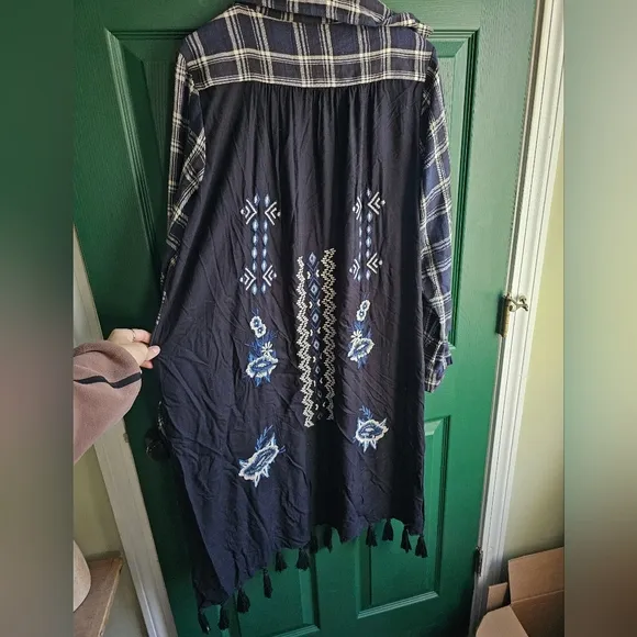 Kyla Seo x Anthropologie Embroidered Aria Shirt Dress Plaid Fringe Duster