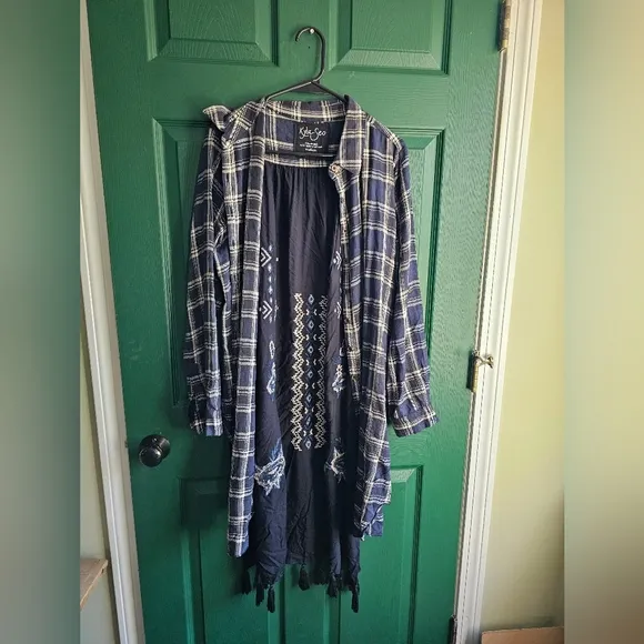 Kyla Seo x Anthropologie Embroidered Aria Shirt Dress Plaid Fringe Duster