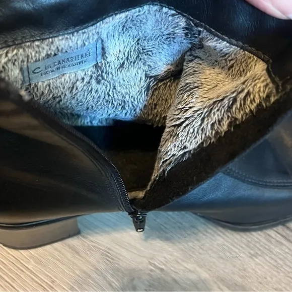 La Canadienne Black Square Toe Leather Bootie Boots Faux Fur Lined size 8.5