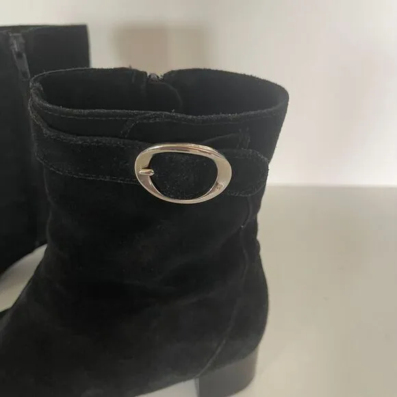 La Canadienne women's 7 black suede ankle boots,‎ silver buckle, made in Canada