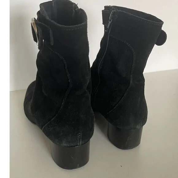La Canadienne women's 7 black suede ankle boots,‎ silver buckle, made in Canada