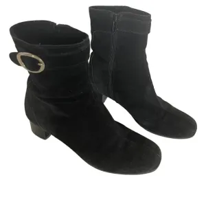 La Canadienne women's 7 black suede ankle boots,‎ silver buckle, made in Canada