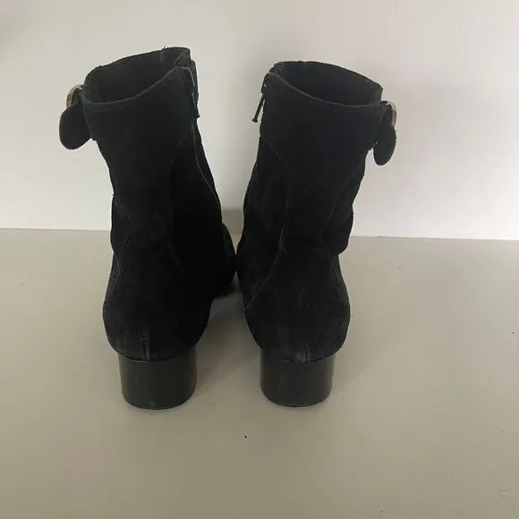 La Canadienne women's 7 black suede ankle boots,‎ silver buckle, made in Canada