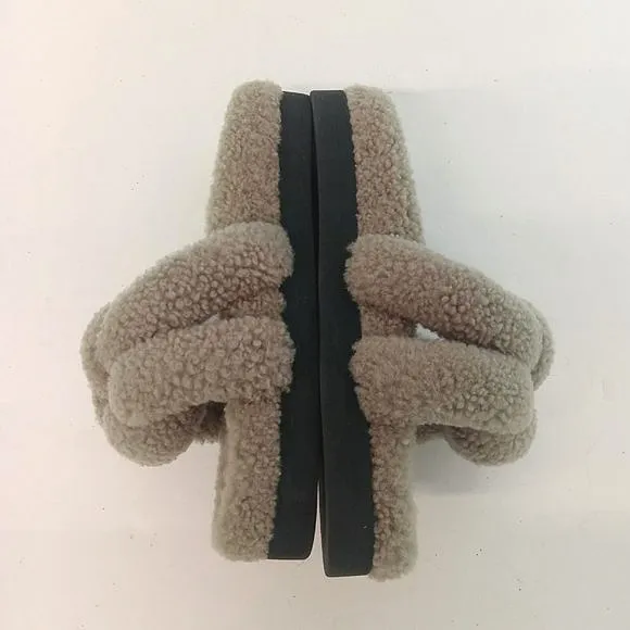Lafayette 148 New York Gray Wedged Mule Shearling Slide Sandals - EU 40/US10