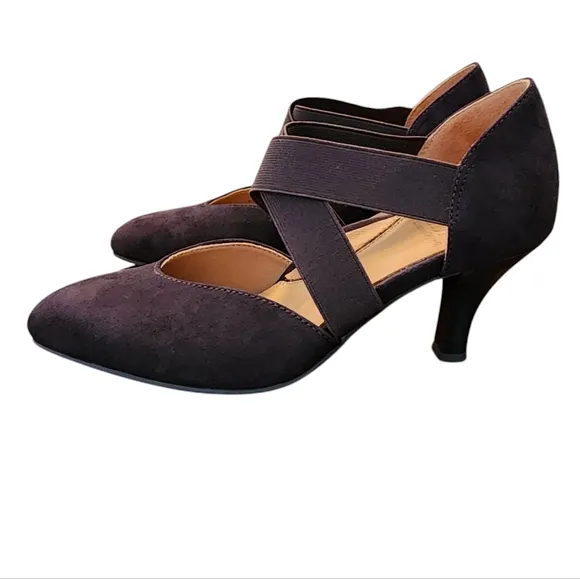 L'Amour Des Pieds Shoes Womens 6.5 M Chocolate Suede Leather Elastic Strap Heels