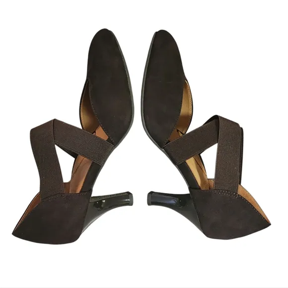 L'Amour Des Pieds Shoes Womens 6.5 M Chocolate Suede Leather Elastic Strap Heels