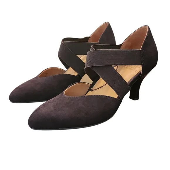 L'Amour Des Pieds Shoes Womens 6.5 M Chocolate Suede Leather Elastic Strap Heels
