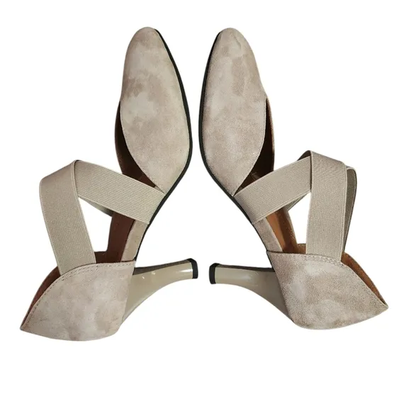 L'Amour Des Pieds Shoes Womens 6.5 M Taupe Kid Suede Leather Elastic Strap Heels