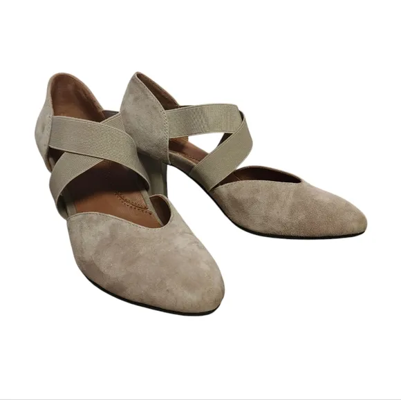 L'Amour Des Pieds Shoes Womens 6.5 M Taupe Kid Suede Leather Elastic Strap Heels