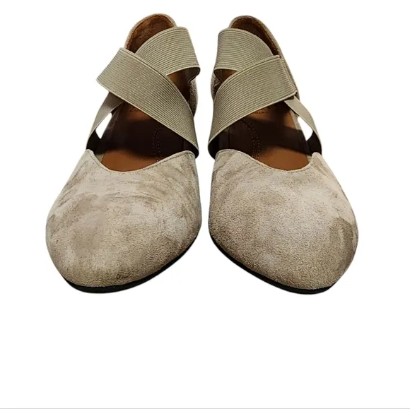 L'Amour Des Pieds Shoes Womens 6.5 M Taupe Kid Suede Leather Elastic Strap Heels