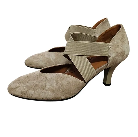 L'Amour Des Pieds Shoes Womens 6.5 M Taupe Kid Suede Leather Elastic Strap Heels