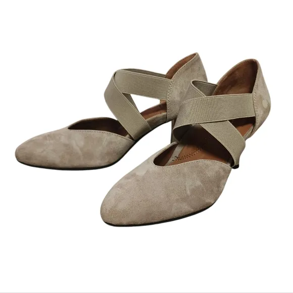 L'Amour Des Pieds Shoes Womens 6.5 M Taupe Kid Suede Leather Elastic Strap Heels