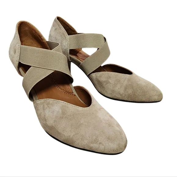L'Amour Des Pieds Shoes Womens 6.5 M Taupe Kid Suede Leather Elastic Strap Heels