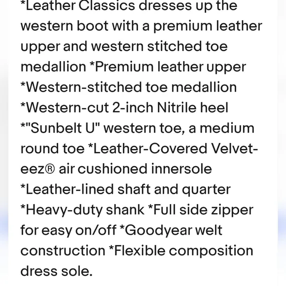Leather Classics Dress Western Boots size 10 2E