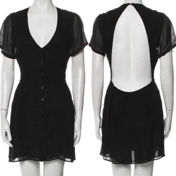 Like New Reformation Black Mini Dress Plunge Neck Button Front Open Back
