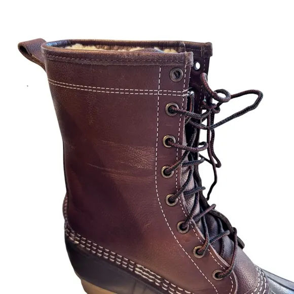 LL Bean 10&quot; Shearling Bean Boots Lined Womens Brown Leather Rubber  Sz 10