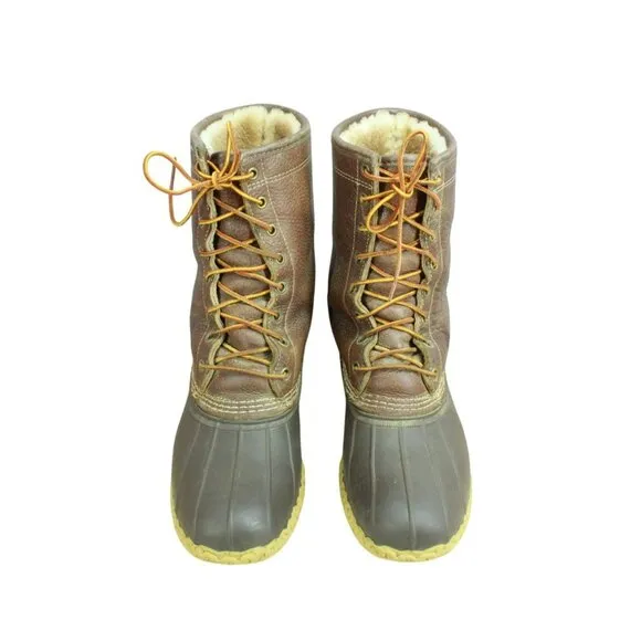 LL Bean Brown Leather Shearling Lined Insulated Mid-Calf Duck Boots Size 10 M