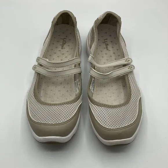 L.L. Bean Light Tan White Mary Jane Style Athletic Shoes Women's Size 7.5