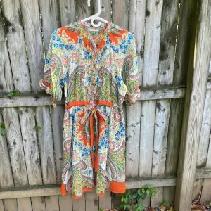Lola Australia Cotton Paisley Floral Dress in Tinker Orange belt buttons L