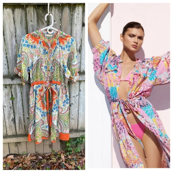 Lola Australia Cotton Paisley Floral Dress in Tinker Orange belt buttons L